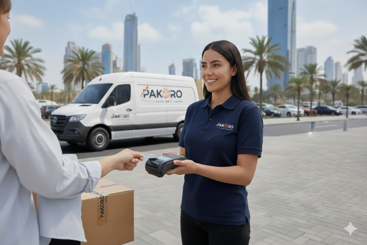 Repartidor entregando paquete con una sonrisa